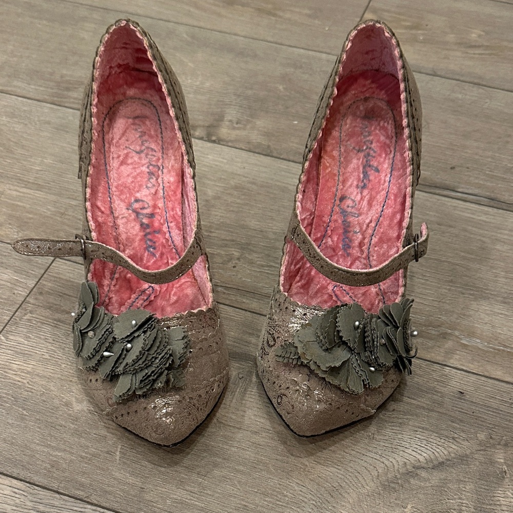 Irregular Choice Brown Mary Jane Heels with Pink Lining and Floral Accent
